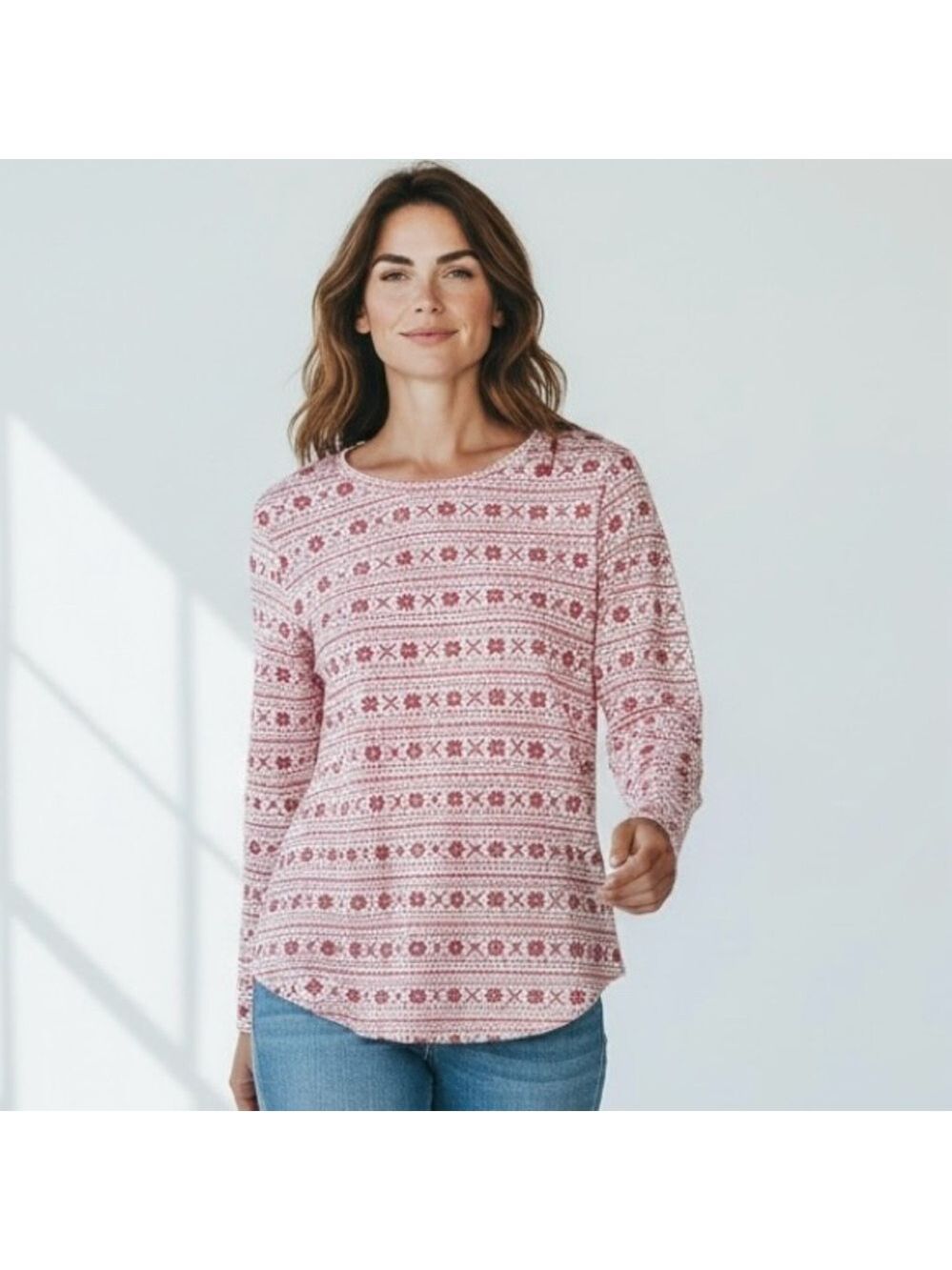GAP LOVE Fair Isle Red & White Patterned Long Sleeve T - Picture 1 of 7